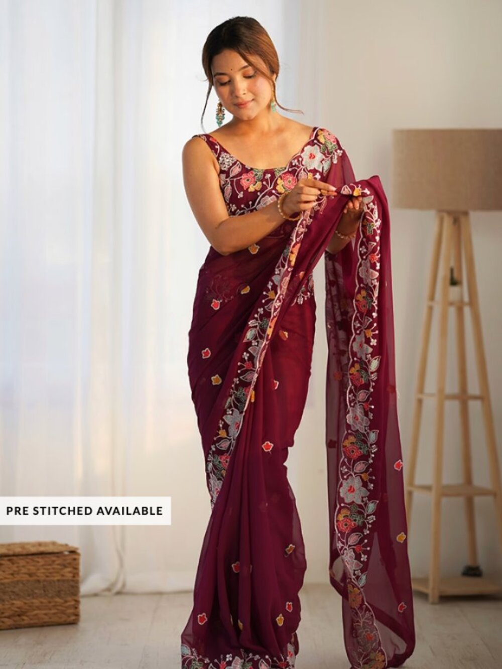 Elegant Maroon Floral Embroidered Women's Saree